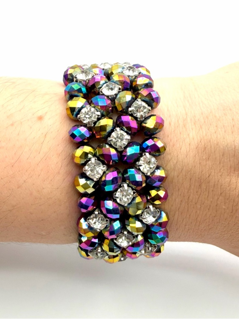 Aurora Borealis Crystal Stretch Bracelet Wide Multicolor Statement